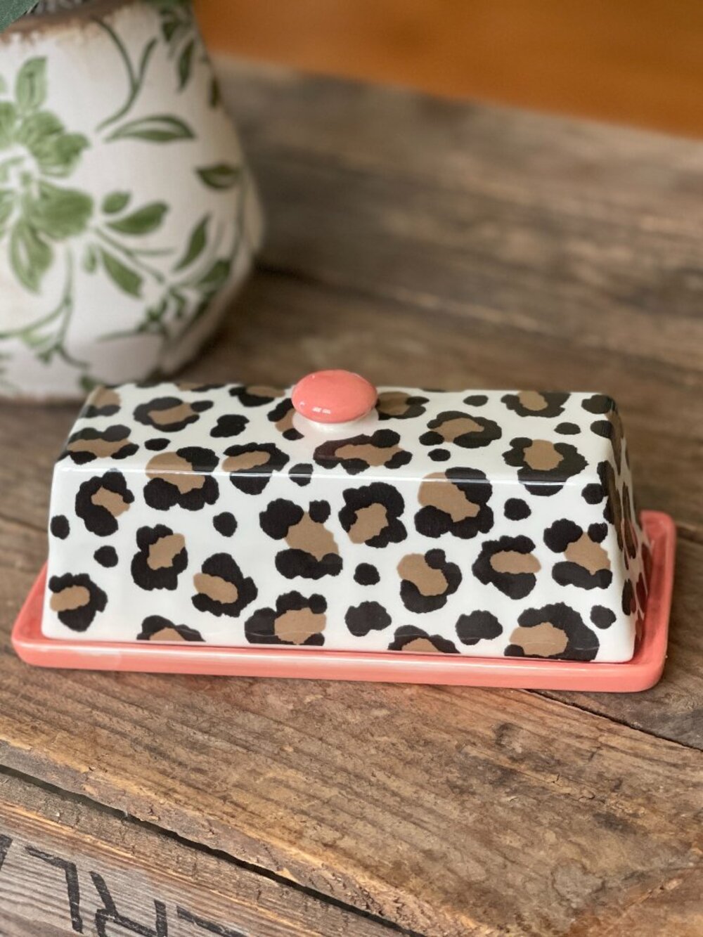 Anthropologie Chintzware Leopard Butter Dish Coral Pink-NEW